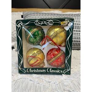 Vintage Christmas By Krebs Glass Ball Ornaments Red, Green and Gold, set of 4